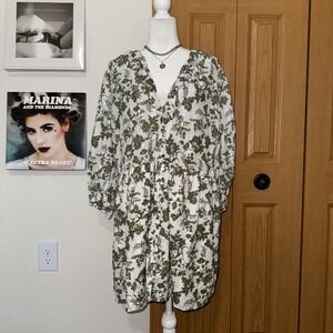 Zara Floral Eyelet Mini Dress Olive Green White Button Front V-Neck XXL Womens